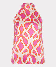 Load image into Gallery viewer, The EsQualo Tirsa Top Halter Disco Spark is a dazzling statement piece designed for effortless elegance and modern flair. Featuring a halter neckline and a vibrant print, this top offers a chic and sophisticated silhouette, perfect for both casual and dressy occasions. Pairs effortlessly with tailored pants, skirts, or denim for a stylish look.
