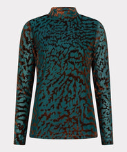 Load image into Gallery viewer, Woman wearing an animal print top in burnout velvet in teal and brown against a white background.
