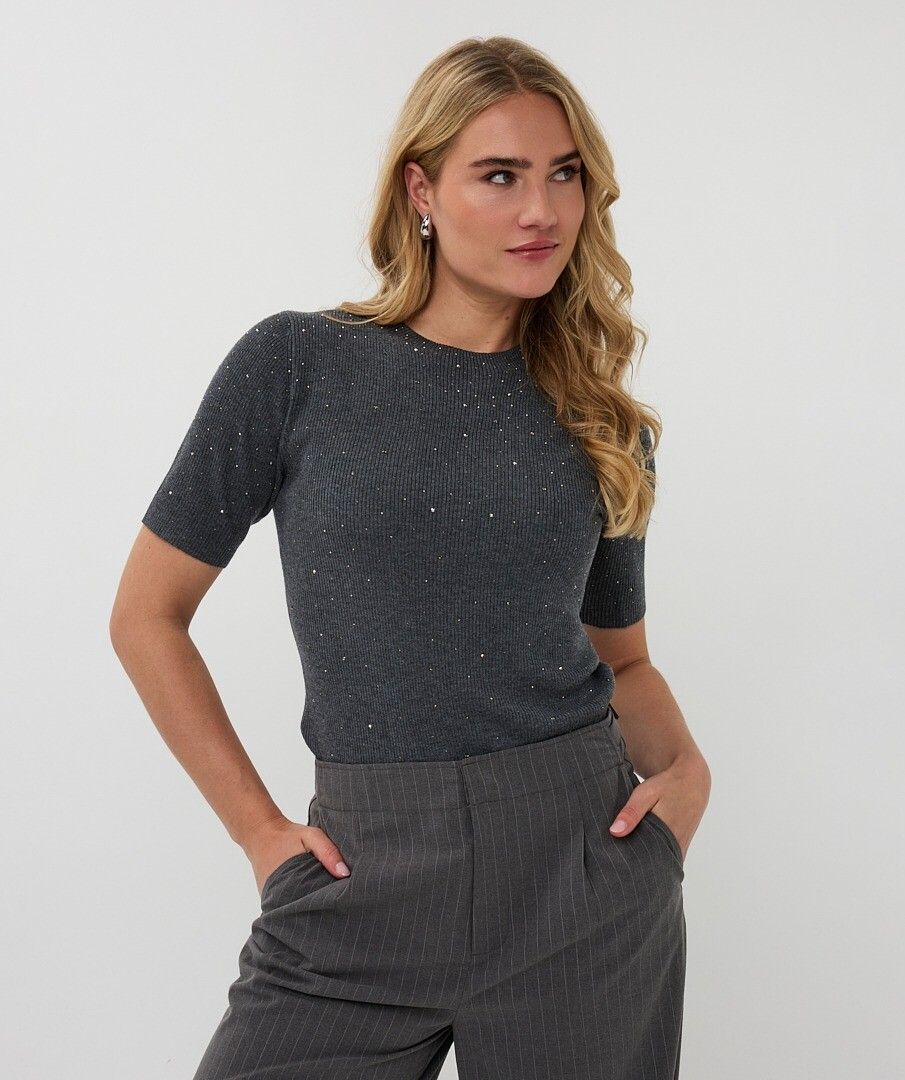 Woman wearing a dark gray sequin ribbed short-sleeve top and gray pinstripe pants against a white background.