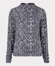 Load image into Gallery viewer, Snake print top with mock neck and ruched sleeves against a white background.
