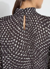 Load image into Gallery viewer, The Topacio Embellished High Neck Blouse, crafted from silky printed lightweight satin, features precise construction, crystal rhinestone adornments, and a back keyhole with a self-covered button. The crystals, applied exclusively to the front panel, are heat-set following the pattern cutting.
