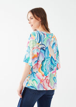 Load image into Gallery viewer, Experience a touch of tropical charm with this FDJ French Dressing three-quarter sleeve raglan top, featuring a vibrant print that effortlessly adds a playful and stylish flair to any wardrobe.  Color- Tropical; vivid blues, pink, green, yellow, orange and white. Boat neckline. Wide sleeves. Local artist print. Length 25&quot;.
