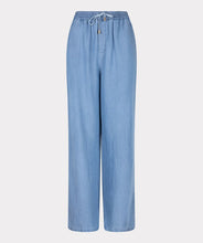 Load image into Gallery viewer, The EsQualo Tudi Trousers Chambray are wide-leg, lightweight pants crafted from 100% Lyocell, offering a soft, breathable feel perfect for warm-weather styling. Designed with an elastic waistband and drawstring, these trousers provide effortless comfort and a relaxed fit. Their versatile chambray fabric pairs beautifully with summer tops, making them a must-have for casual chic looks.
