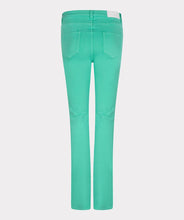 Load image into Gallery viewer, Color, color and more color! A beautiful flair basic denim pant in a striking jade green color is a must-have this season. These pants taper to a wider leg and functional five pockets.  Color- Jade green. Tapers to wider leg. Functional five pockets. Silver buttons and hardware. EsQualo Jeans label. Fabric-97% Cotton. 3% Spandex.
