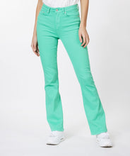 Load image into Gallery viewer, Color, color and more color! A beautiful flair basic denim pant in a striking jade green color is a must-have this season. These pants taper to a wider leg and functional five pockets.  Color- Jade green. Tapers to wider leg. Functional five pockets. Silver buttons and hardware. EsQualo Jeans label. Fabric-97% Cotton. 3% Spandex.
