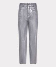 Load image into Gallery viewer, These metallic-coated pants reflect light beautifully, creating a stunning sheen. Featuring five pockets, a straight-leg fit, and a mid-rise waist, they are made from 100% cotton. These versatile jeans can effortlessly transition from everyday wear to a special event outfit, adding a touch of casual elegance.
