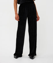 Load image into Gallery viewer, Close-up of black velour wide-leg pants and black shoes worn by a model against a white background.
