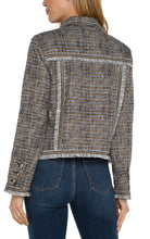 Load image into Gallery viewer, This boucle knit boxy shacket features a beautiful mix of ocean hues. The mix of textures combined with the blue and golden lurex-flecked tones become a unique and versatile piece that you&#39;ll want to wear again and again.
