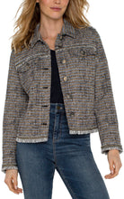 Load image into Gallery viewer, This boucle knit boxy shacket features a beautiful mix of ocean hues. The mix of textures combined with the blue and golden lurex-flecked tones become a unique and versatile piece that you&#39;ll want to wear again and again.
