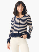 Load image into Gallery viewer, Starting now, &quot;rough along the edges&quot; is officially a compliment. Inspired by the bold textural flourishes of authentic crochet, this gorgeously detailed, richly textured knit is full of dress up or dress down possibilities. Knit-in stripes of rich indigo and cream create contrast that are perfect with denim. Wear it as a top when you close the snap buttons or leave it open and pair it with an underlayer. Mindfully Made from fully fashioned knitwear to reduce fabric waste.
