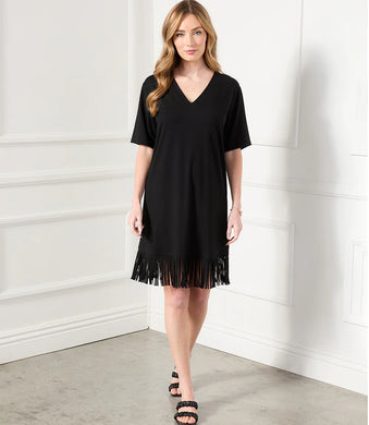 A basic black dress has been elevated to new heights with a lush curtain of fringe details at the hem. This comfortable dress is cut from stretch jersey-knit and can easily transition from brunch to dinner with a simple switch of shoes and accessories. Color - Black. Short sleeves. V-neckline. Fringe hemline. Fabric -90% Rayon. 10% Spandex.