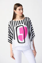 Load image into Gallery viewer, The charm of this breezy poncho top lies in its vibrant abstract print. Crafted from airy georgette, it showcases a boat neckline and generous dolman sleeves. This distinctive top is lined and includes a silky knit camisole beneath for added comfort.  Color- Vanilla, pink and black. Georgette poncho with silky knit camisole. Boat neckline. Three-quarter dolman sleeves. Lined.
