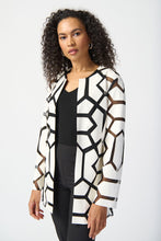 Load image into Gallery viewer, Indulge in the irresistible charm of this laser-cut mesh jacket. It is a modern work of art made from premium leatherette that blends futuristic style with refined sophistication. The jacket flaunts a hook-and-eye front closure, emphasizing its contemporary aesthetic.  Color- Vanilla and black. Leatherette and mesh fabric. Notched collar. Long sleeves. Hook-and-eye front closure.
