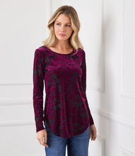 Load image into Gallery viewer, Discover our Burnout Shirttail Top, featuring an exquisite velvet wallpaper pattern in a striking wine color. This piece brings a distinctive, opulent flair to your collection. The burnout material ensures breathability and adds texture, and the shirttail hem creates a flattering shape.
