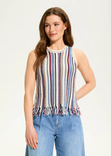 Load image into Gallery viewer, Stay effortlessly chic with this sleeveless cami sweater, featuring timeless vertical stripes and playful fringe accents. Perfect for warm days, it combines a breezy style with a touch of sophistication. Crafted from a soft blend of cotton, acrylic, and nylon, it offers comfort and durability. Pair it with your favorite bottoms for a versatile and stylish look!
