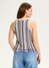 Load image into Gallery viewer, Stay effortlessly chic with this sleeveless cami sweater, featuring timeless vertical stripes and playful fringe accents. Perfect for warm days, it combines a breezy style with a touch of sophistication. Crafted from a soft blend of cotton, acrylic, and nylon, it offers comfort and durability. Pair it with your favorite bottoms for a versatile and stylish look!
