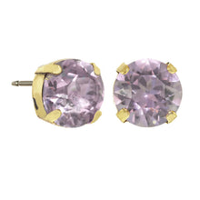 Load image into Gallery viewer, Trentley Violet Stud Earrings are a fashionable choice for adding a bit of sparkle to your look. Crafted from antique gold-plated brass for a timeless finish, these earrings feature 10mm crystals for added shine. Hypoallergenic and made in Canada, these delightful pieces make for an exquisite addition to any wardrobe.  Color- Gold and violet. Stud design. Premium crystals. Hypoallergenic. Antique gold plating over brass. Diameter- 10mm.
