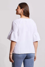 Load image into Gallery viewer, This lovely blouse is made of crinkled gauze cotton, which gives it a light and elegant touch. It features a notch neck that you can pop over, elbow-length raglan sleeves, and bell-shaped cuffs that add some playful charm.
