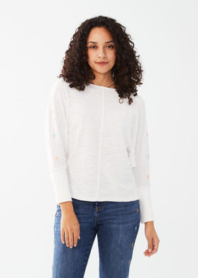 Expertly styled, this batwing top boasts a comfortable and fashion-forward design, featuring a relaxed and airy silhouette for a versatile and modern addition to your wardrobe. Adorning the sides of each sleeve are charming pastel palm trees intricately embroidered for an extra touch of style.  Color- White with pastel colors. Length 24