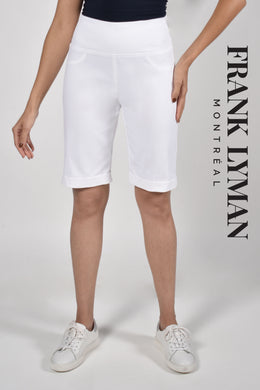A perfect white short is just waiting for you to dress up!  A beautiful stretch to this white, pull-on Bermuda short makes it ultra-comfortable and easy to wear.  A versatile style, this short matches perfectly with so many different tops.  The possibilities are endless!   Color- White Pull-On. Bermuda style. Excellent stretch.