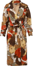 Load image into Gallery viewer, triking beauty describes this long ultra-fashionable coat with an abstract pattern design.  Two color choices for you to choose from.  Anthracite, which is a fuchsia, camel, brown and anthracite and Cream which is burnt orange, grown, tan, olive and off-white. Be the center of attention when you wear this amazing piece of art.  Colors- Cream multi or Anthracite multi. One button closure. Self-front tie. Belt design on cuffs Functional side pockets. Fabric- 100% Polyester.
