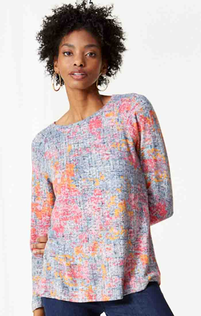 A colorful unique novelty top, perfect for matching with just about any solid color, is a perfect style to add a pop of color into your life.  Our Alena is an easy knit long-sleeved pullover shape that sits at the hip. We love the textured appearance and the random interplay of the colors.
