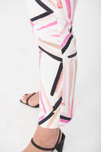Load image into Gallery viewer, How stunning is this Lydia pant by Joseph Ribkoff?  A unique blend of abstract stripes in colors of pink, peach, black and taupe playfully sit on a white background.  A gorgeous slimming, stretch fit allows for easy movement and comfort that will last throughout the day.  Pair with a solid black or white top to create a fashionable look that will get you noticed!
