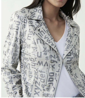 How fabulous is this Ranya Moto Letter Jacket in vegan leather?  A true statement piece designed by the fabulous Joseph Ribkoff; this jacket will create an edge to an outfit. Colors of champagne with silver detailing and gray lettering is definitely an attention getter! The fabrication is so very soft. The Ranya features a faux zipper, a clasp for closure, subtle shoulder pads, exposed zipper pockets and cropped fitted silhouette.  Colors- Champagne with gray lettering. Silver hardware.