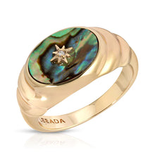 Load image into Gallery viewer, Sky meets sea on our Juno ring with genuine abalone and cubic zirconia star. A beautiful addition to your jewelry collection.
