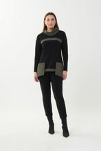 Load image into Gallery viewer, Make a beautiful statement when you style this standout avocado and black cowl neck tunic. The pronounced pockets add eye-catching detail while the cowl neck, in the same fabric as the pockets, add a touch of dramatic flair.
