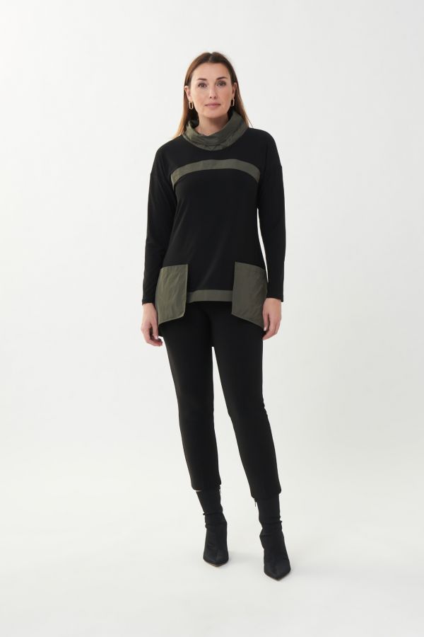 Make a beautiful statement when you style this standout avocado and black cowl neck tunic. The pronounced pockets add eye-catching detail while the cowl neck, in the same fabric as the pockets, add a touch of dramatic flair.