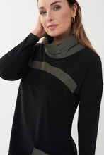 Load image into Gallery viewer, Make a beautiful statement when you style this standout avocado and black cowl neck tunic. The pronounced pockets add eye-catching detail while the cowl neck, in the same fabric as the pockets, add a touch of dramatic flair.
