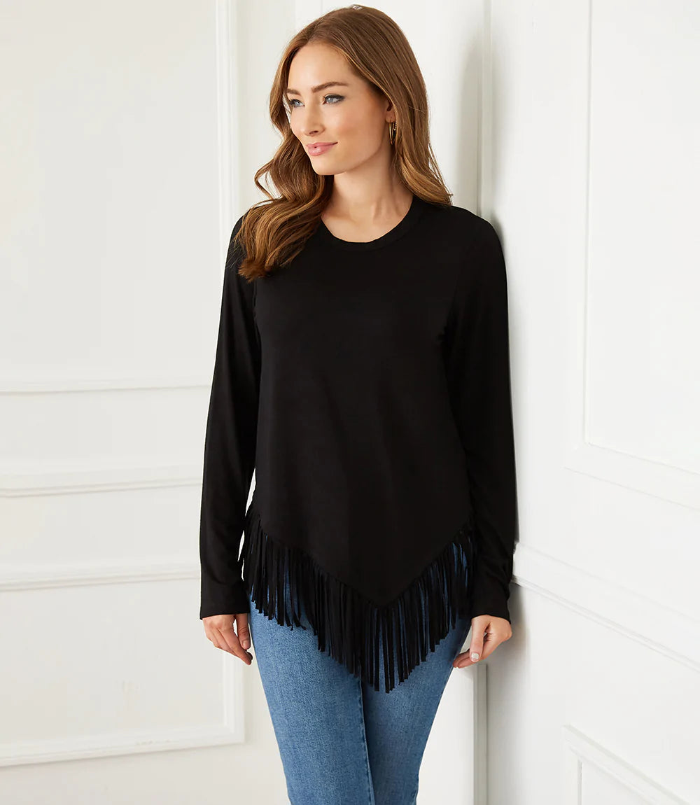 The fringe details on the hem of this super soft top cut from jersey-knit is just all that! A fashionable top our Blair can easily transition from day to evening.  Color- Black. Perfect coverage. Long sleeve. Round neck. Fringe hem.