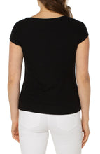 Load image into Gallery viewer, This is the perfect baby tee that your wardrobe has been waiting for! Textured to add interest, our Bailey in black essentially goes with every bottom, jacket, blazer in your closet. With its cap sleeves and boat neck, our Bailey tee is super comfortable and easy to wear.  Color- Black. Large and mini rib knit. Boat neck. Cap sleeve. Straight hem finish.
