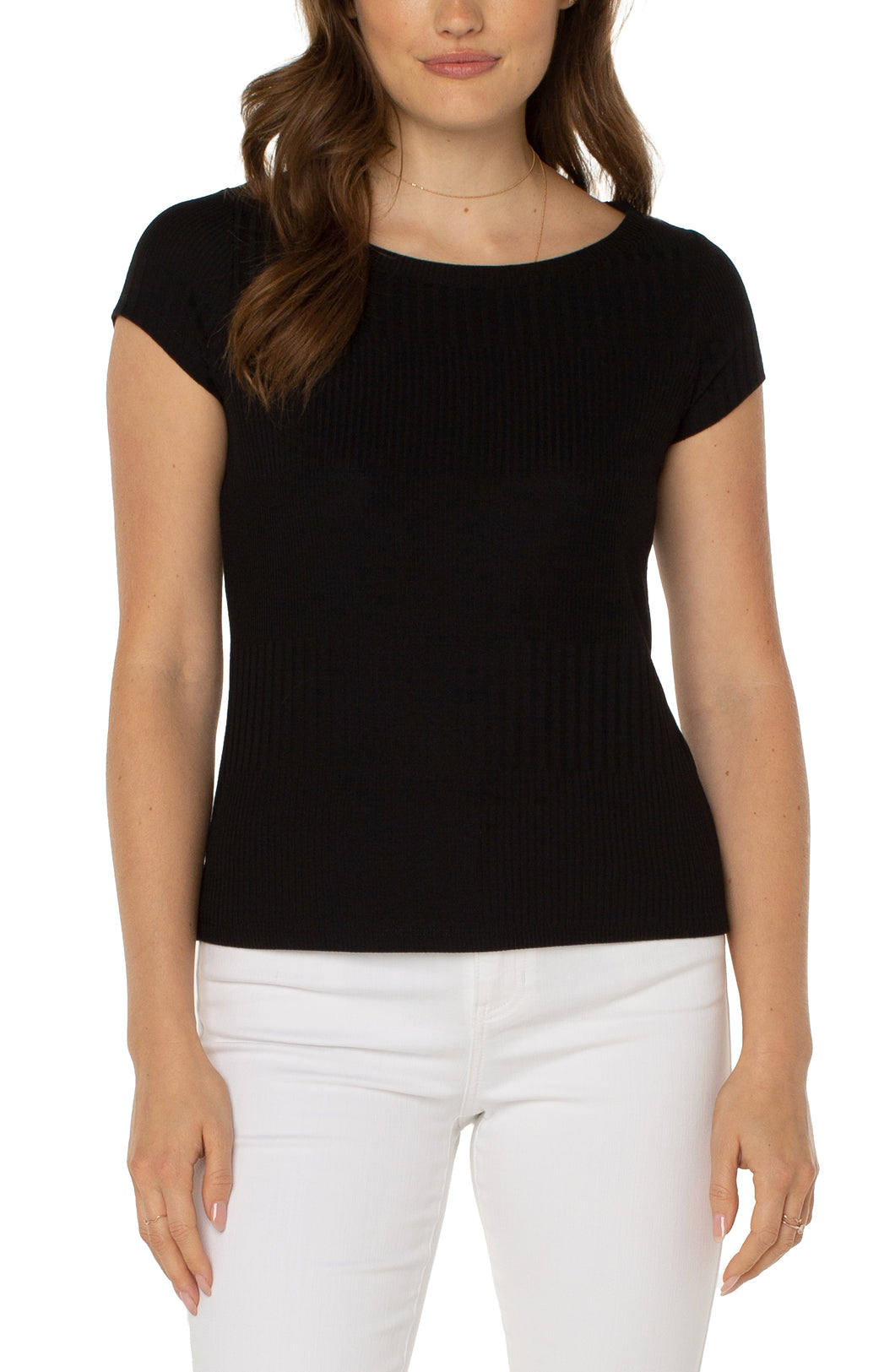 This is the perfect baby tee that your wardrobe has been waiting for! Textured to add interest, our Bailey in black essentially goes with every bottom, jacket, blazer in your closet. With its cap sleeves and boat neck, our Bailey tee is super comfortable and easy to wear.  Color- Black. Large and mini rib knit. Boat neck. Cap sleeve. Straight hem finish.