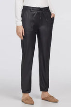 Load image into Gallery viewer, This stylishly wonderful faux leather jogger elevates any casual look. Create a chic holiday look by pairing with your favorite blouse and heels.  With cuffs and drawstring, this pant is so figure flattering and perfectly on trend with its black faux leather look.
