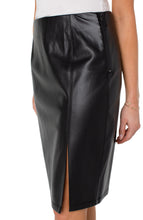 Load image into Gallery viewer, A perfectly polished vegan faux leather skirt, this mid-rise pencil skirt is sleek, sophisticated and versatile for day or night.  Pair with our Becka Black Faux Leather Seamed Shacket for a classic, put together look.
