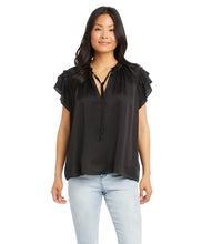 Load image into Gallery viewer, A beautiful feminine look, our Bethany Top is a lovely style to elevate any outfit. With tiered ruffles along the shoulders and tie-neck detail, this silky satin top is sure to receive compliments.
