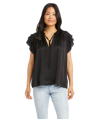 A beautiful feminine look, our Bethany Top is a lovely style to elevate any outfit. With tiered ruffles along the shoulders and tie-neck detail, this silky satin top is sure to receive compliments.