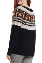 Load image into Gallery viewer, A snuggly sweater is a closet staple.  This soft intarsia knit piece offers a classic Fair Isle design, crew neckline, raglan sleeves, and relaxed fit that lends itself to endless, effortless outfit options.  Color- Black, grey, rust-orange, tan, white. Pop-over crew neck. Relaxed fit. Raglan sleeves. Soft intarsia knit.
