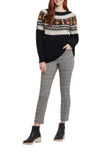 Load image into Gallery viewer, A snuggly sweater is a closet staple.  This soft intarsia knit piece offers a classic Fair Isle design, crew neckline, raglan sleeves, and relaxed fit that lends itself to endless, effortless outfit options.  Color- Black, grey, rust-orange, tan, white. Pop-over crew neck. Relaxed fit. Raglan sleeves. Soft intarsia knit.
