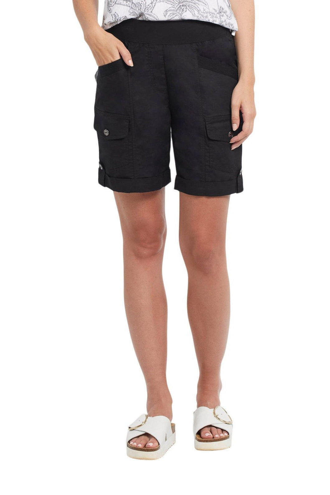 Our Willa Pull On Cuffed Short offers details that give this short pizazz! We love the comfort of the pull-on waistband and soft stretch poplin fabric offering all day comfort. The style of the rolled up hem with tabs, side cargo pockets, front and back pockets, and the perfectly flattering 7' inseam, give the right combination of sportiness and statement-making style. 