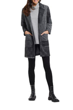 Load image into Gallery viewer, If you love coats, you will love this classic style coat with patchwork plaid detailing. With its neutral gray and black colors, this coat matches perfectly with any outfit. Super soft and comfortable, you will be cozy warm when you wear this perfect fashionista coat. Color- Black and gray. Patchwork detailing. Notched lapels, Front two button closure. Two front functional pockets.
