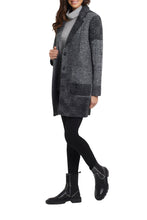 Load image into Gallery viewer, If you love coats, you will love this classic style coat with patchwork plaid detailing. With its neutral gray and black colors, this coat matches perfectly with any outfit. Super soft and comfortable, you will be cozy warm when you wear this perfect fashionista coat. Color- Black and gray. Patchwork detailing. Notched lapels, Front two button closure. Two front functional pockets.
