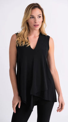 The Zola Black Sleeveless Tunic by Joseph Ribkoff is an ideal style to wear with almost every piece in your closet. This gorgeous tunic is a loose fit with a V-neck design and wrap style handkerchief hemline.  With a good deal of stretch, you will feel ultimate comfort each time you wear our Zola.