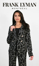 Load image into Gallery viewer, Our Blakely jacket is pure sophistication and style with its high-quality fabrication and design.  The metallic threading in an abstract print, creates the perfect style for holiday dressing and other formal occasions such as winter weddings or dinners.  Shiny metallic buttons in oval like shapes add greater interest to this perfect jacket.  Color- Black and metallic. Oval shape buttons. Hook and eye closures. Nonfunctional front pockets.
