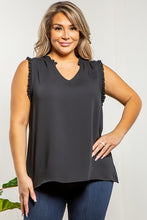 Load image into Gallery viewer, Our Vivian Sleeveless blouse is spectacular! With the ruffle trim shoulders and ruffles on the neckline, this top has a classic look with a modern edge.  A truly ideal piece to have in your wardrobe, this beautiful V-neck blouse can be worn on its own or under a jacket or cardigan.  Dress up or wear casually, however you choose to wear it, you will be a fashionista!
