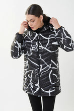 Load image into Gallery viewer, Keep warm and chic in this fabulous zipper puffer coat. With a stunning white abstract print that pops on a black background, concealed side pockets and hood, this a must-have for the season. Stand out in a crowd with this amazing style.
