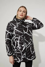 Load image into Gallery viewer, Keep warm and chic in this fabulous zipper puffer coat. With a stunning white abstract print that pops on a black background, concealed side pockets and hood, this a must-have for the season. Stand out in a crowd with this amazing style.
