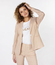 Load image into Gallery viewer, Not your ordinary blazer, this blazer by EsQualo offers a fabulous block print in sand color. Our Sienna has a button closure and a relaxed fit. Wear with a white t-shirt for a casual look or style or dress up with a blouse.
